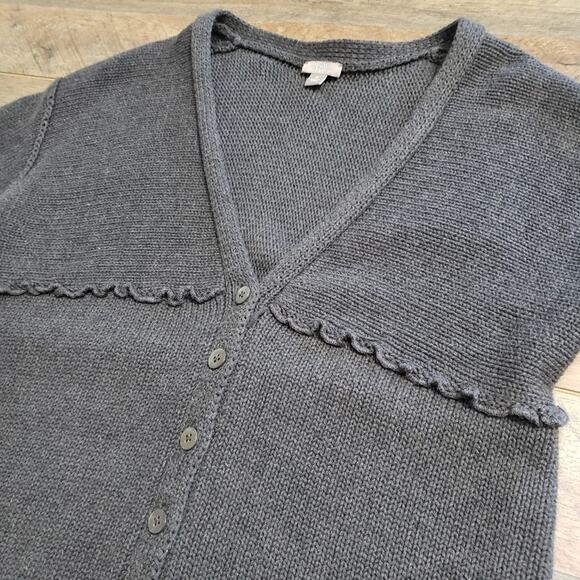 J. Jill Cotton Chunky Knit V Neck Gray Ruffle Seam Cardigan Sweater Medium - Picture 10 of 12